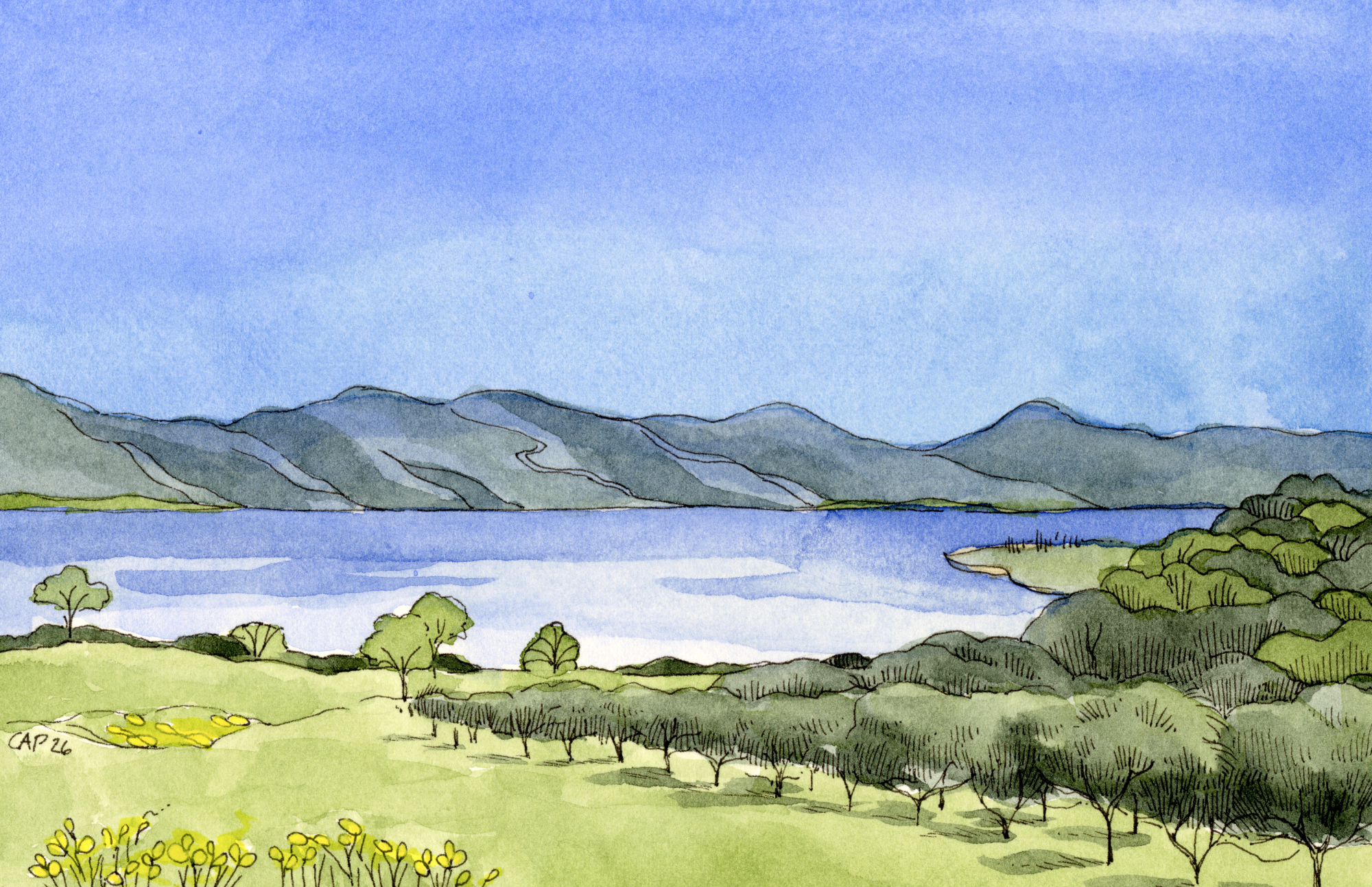 lake-volvi-2.jpgA watercolor painting of mountains, trees, and a lake.